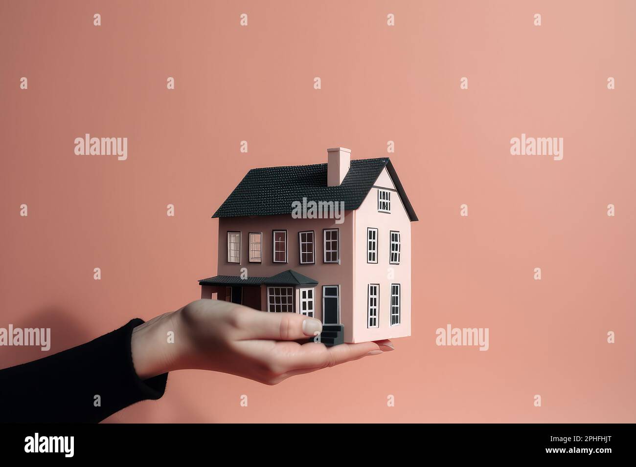 A woman holding a small model house in her hands. Real estate and insurance concept. Generative ai Stock Photo
