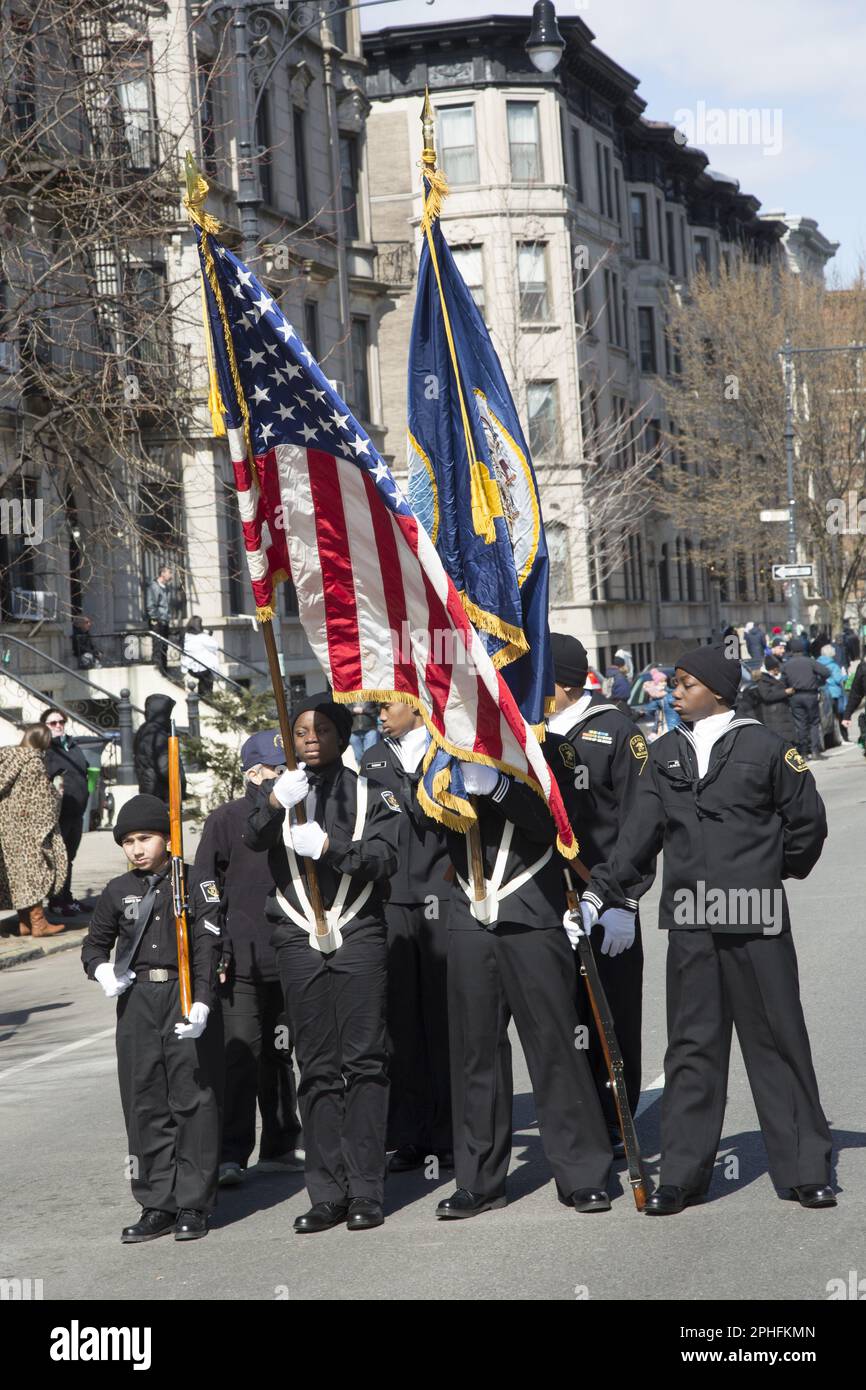 Saint Patrick's Irish Day Parade in the Park Slope neighborhood in Brooklyn, New York. Young Navy Cadet school kids march in the parade. Stock Photo