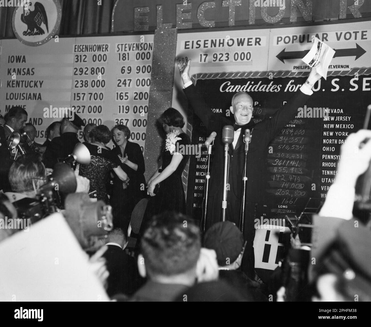 The famous Eisenhower grin breaks out as General Dwight D Eisenhower waves to enthusiastic supporters at the Commodore Hotel on election night, New York, NY, 11/4/1952. (Photo by United States Information Agency Stock Photo