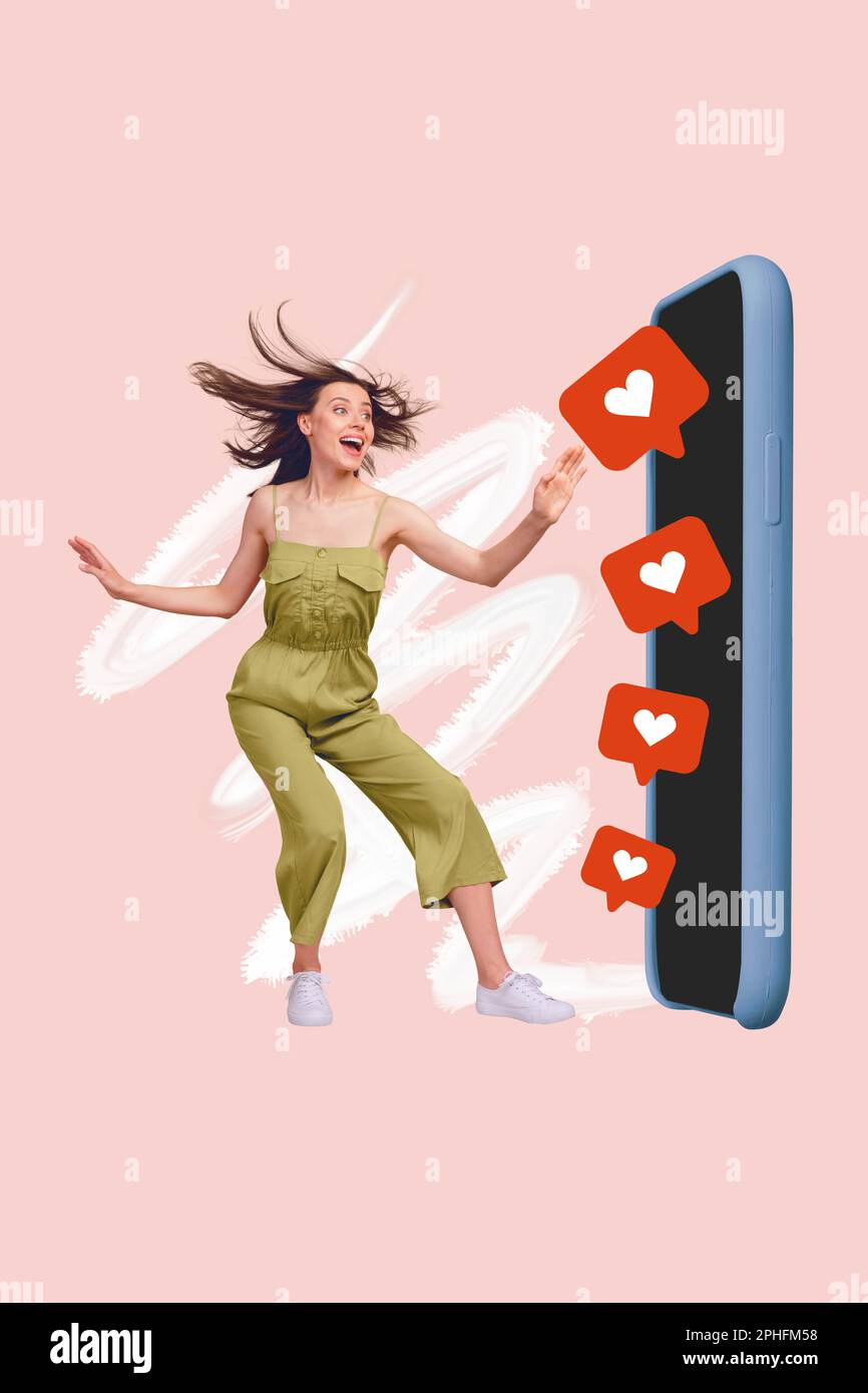 Artwork magazine collage picture of funny lady getting likes apple samsung device isolated drawing background Stock Photo