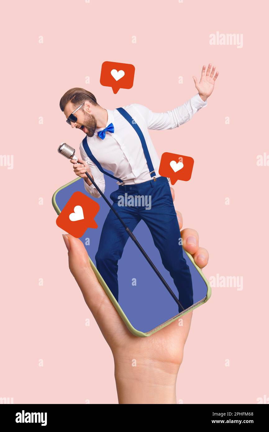 Artwork magazine collage picture of cool guy gentleman singing getting likes modern device isolated drawing background Stock Photo