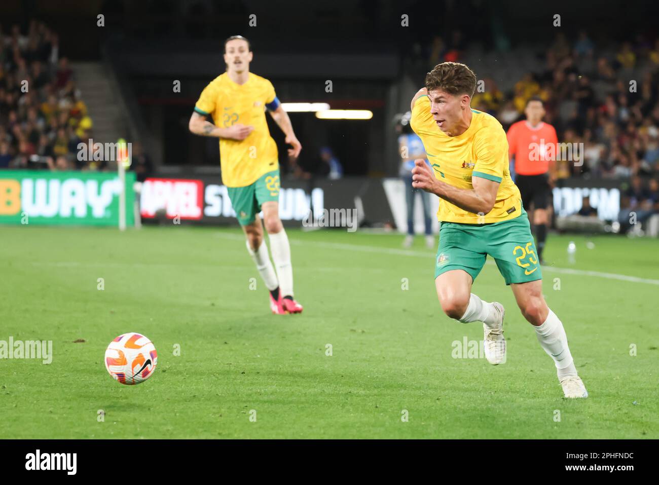 Melbourne, Victoria, Australia. 28th Mar, 2023. MELBOURNE, AUSTRALIA - MARCH 28: Jordan Bos of Australia during an international friendly match between the Australia Socceroos and Ecuador at Marvel Stadium on March 28, 2023 in Melbourne, Australia. (Credit Image: © Chris Putnam/ZUMA Press Wire) EDITORIAL USAGE ONLY! Not for Commercial USAGE! Stock Photo