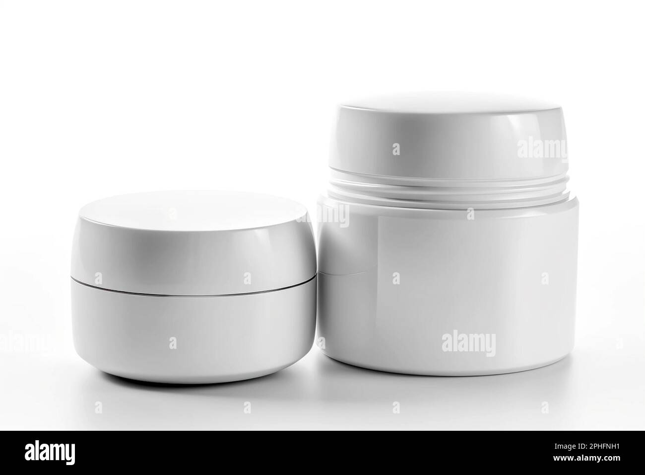 Different types of white cosmetic containers on light background