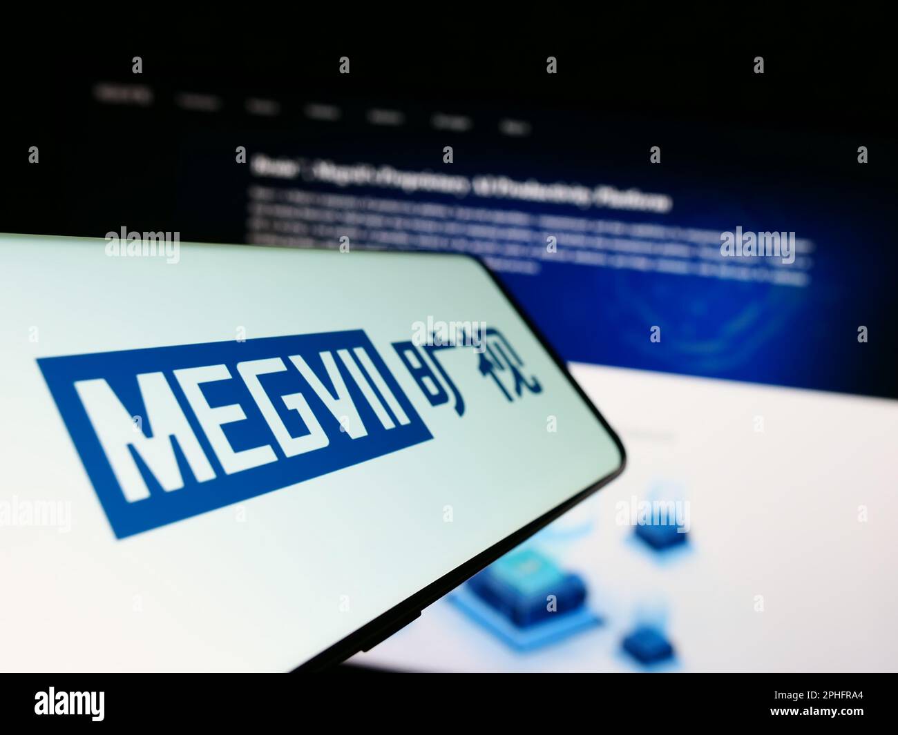 Mobile phone with logo of Chinese company Megvii Technology Limited on screen in front of business website. Focus on center of phone display. Stock Photo