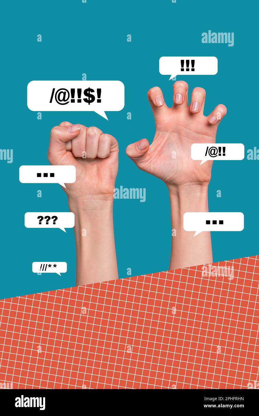 Photo collage artwork minimal picture of protest rising hands showing ...