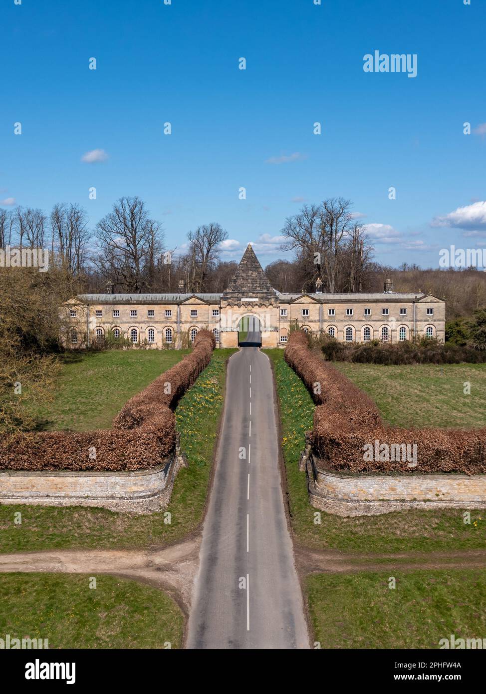 An aerial view of the Pyramid Gatehouse  building on the North Yorkshire  Castle Howard estate in the Howardian Hills Stock Photo