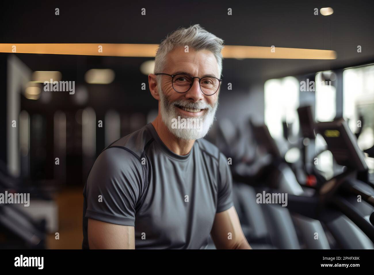 Portrait of a senior male with grey hair stood in a gym. Generative ai Stock Photo