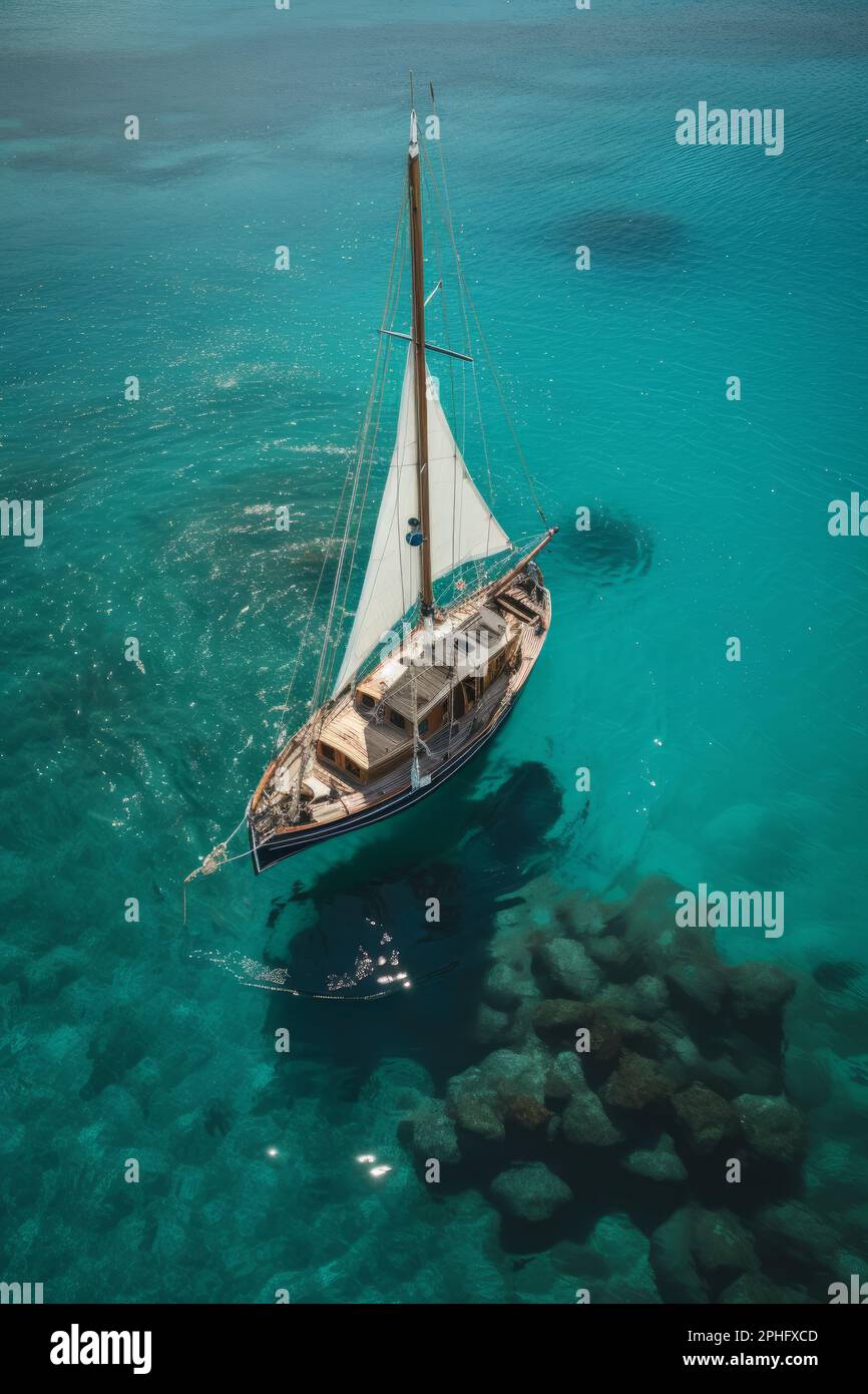 Aerial view of a luxury sailing boat in clear tropical blue water. Generative ai Stock Photo