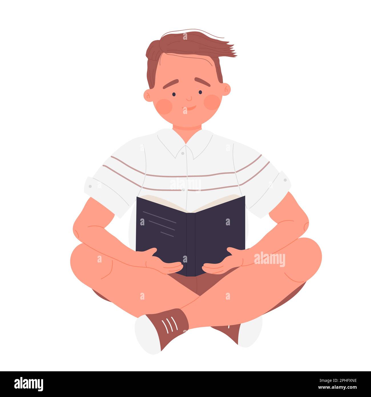 Sitting boy reading book. Pupil learning, school homework, book lover ...