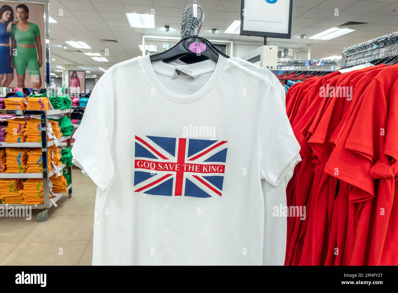 Brighton, March 28th 2023: Patriotic t-shirts on sale at Primark that read 'God Save The King' Stock Photo