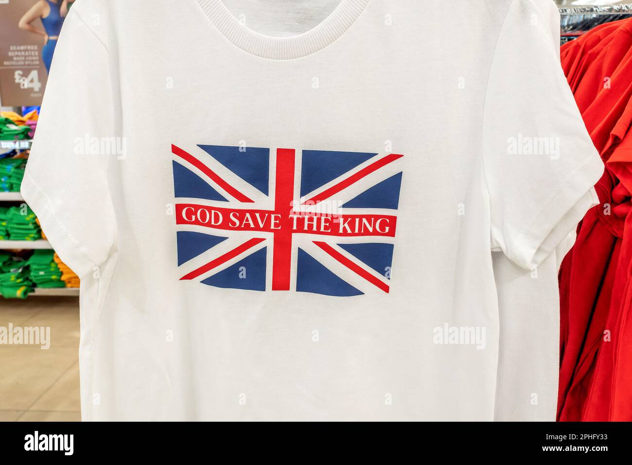 Brighton, March 28th 2023: Patriotic t-shirts on sale at Primark that read 'God Save The King' Stock Photo