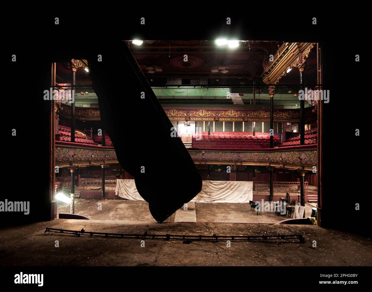 From the stage of the long abandoned Hulme Hippodrome Theatre in Manchester, an old building sadly in disrepair. Stock Photo