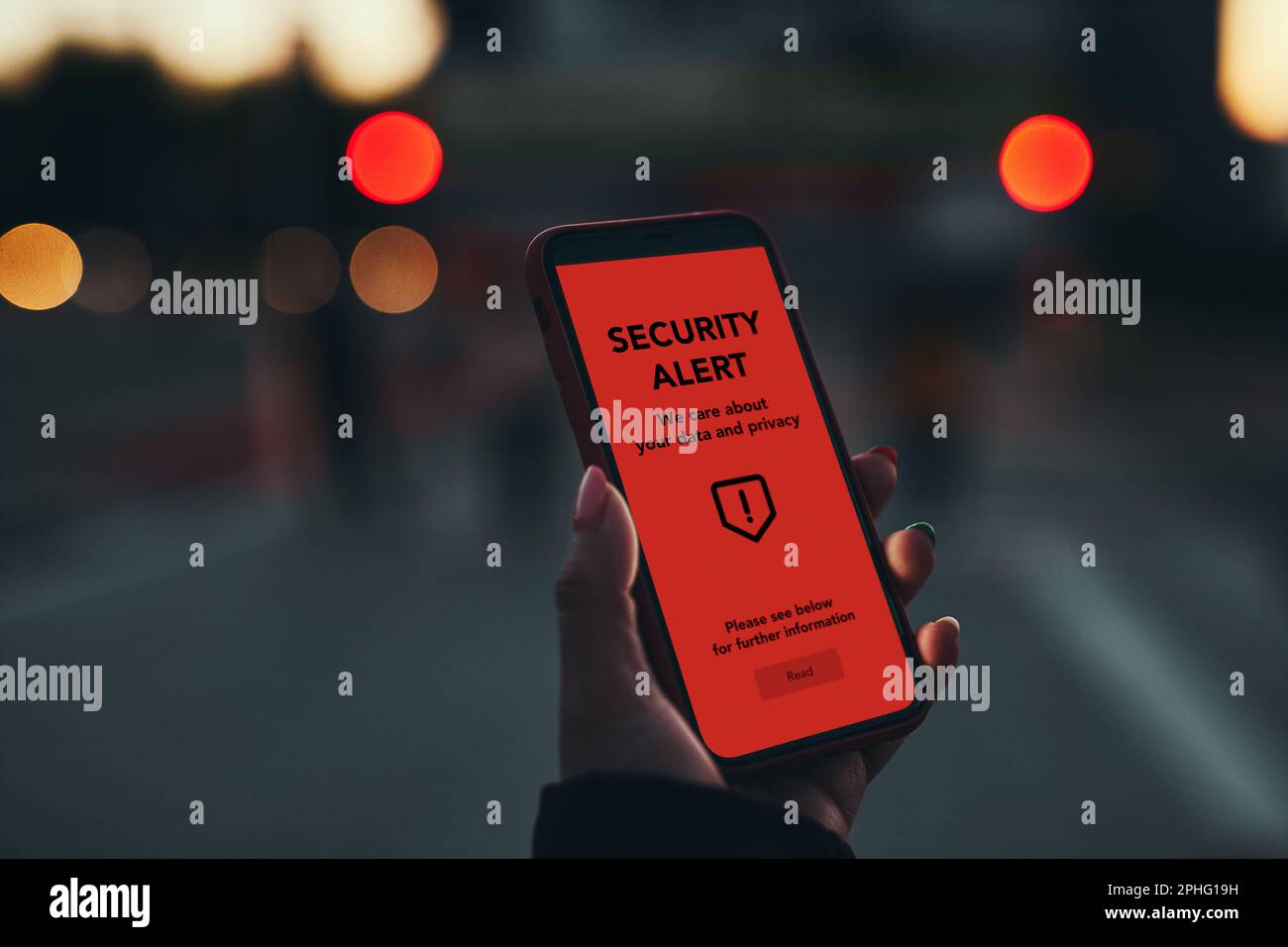 Security alert on smartphone screen. Antivirus warning. Private data