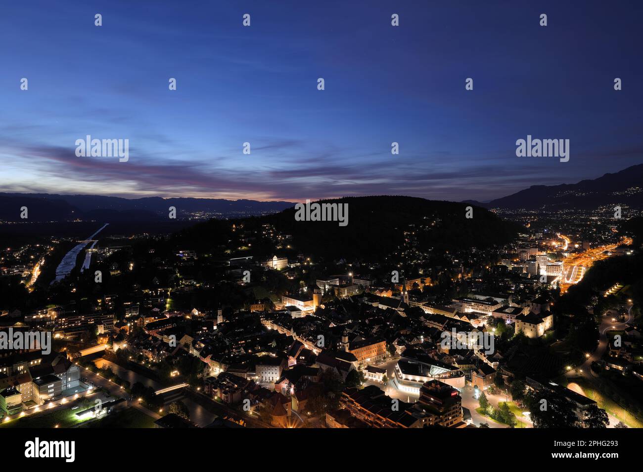 Panoramic image of Feldkirch in the evening after sunset Stock Photo