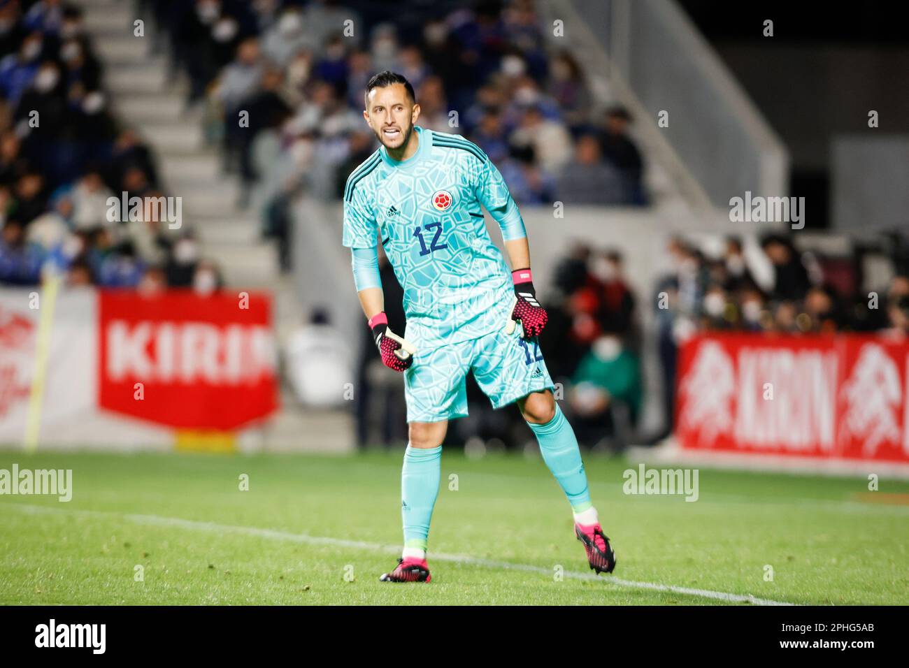 Osaka, Japan. 28th Mar, 2023. Goalkeeper Camilo VARGAS (12) of Colombia in action during KIRIN CHALLENGE CUP 2023 friendly match between Colombia and Japan at Yodoko Sakura Stadium in Osaka, Japan. Colombia defeats Japan 2-1. (Credit Image: © Rodrigo Reyes Marin/ZUMA Press Wire) EDITORIAL USAGE ONLY! Not for Commercial USAGE! Stock Photo