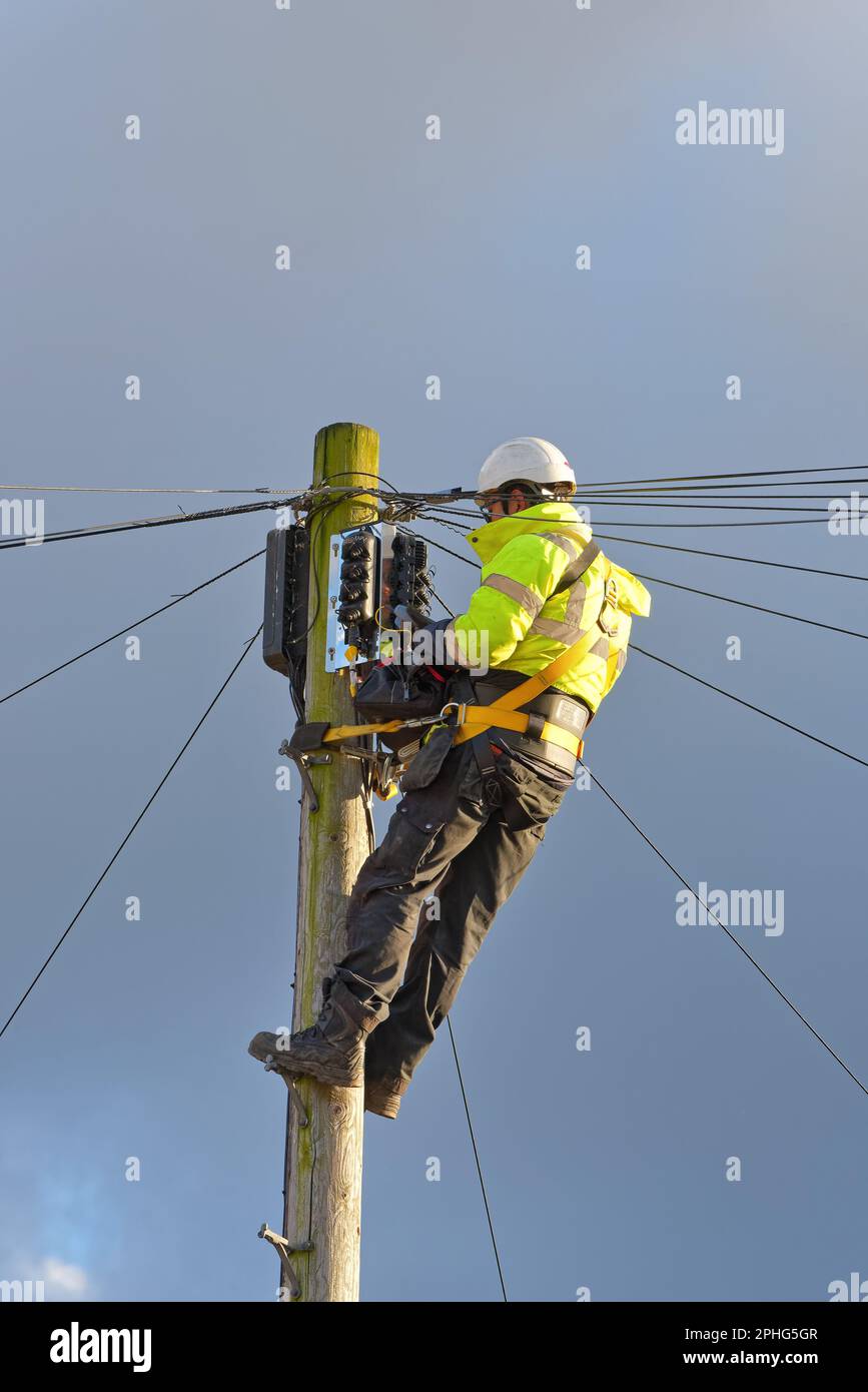 A British Telecoms engineer installing fibre optic cable at the top of a telephone pole England UK Stock Photo