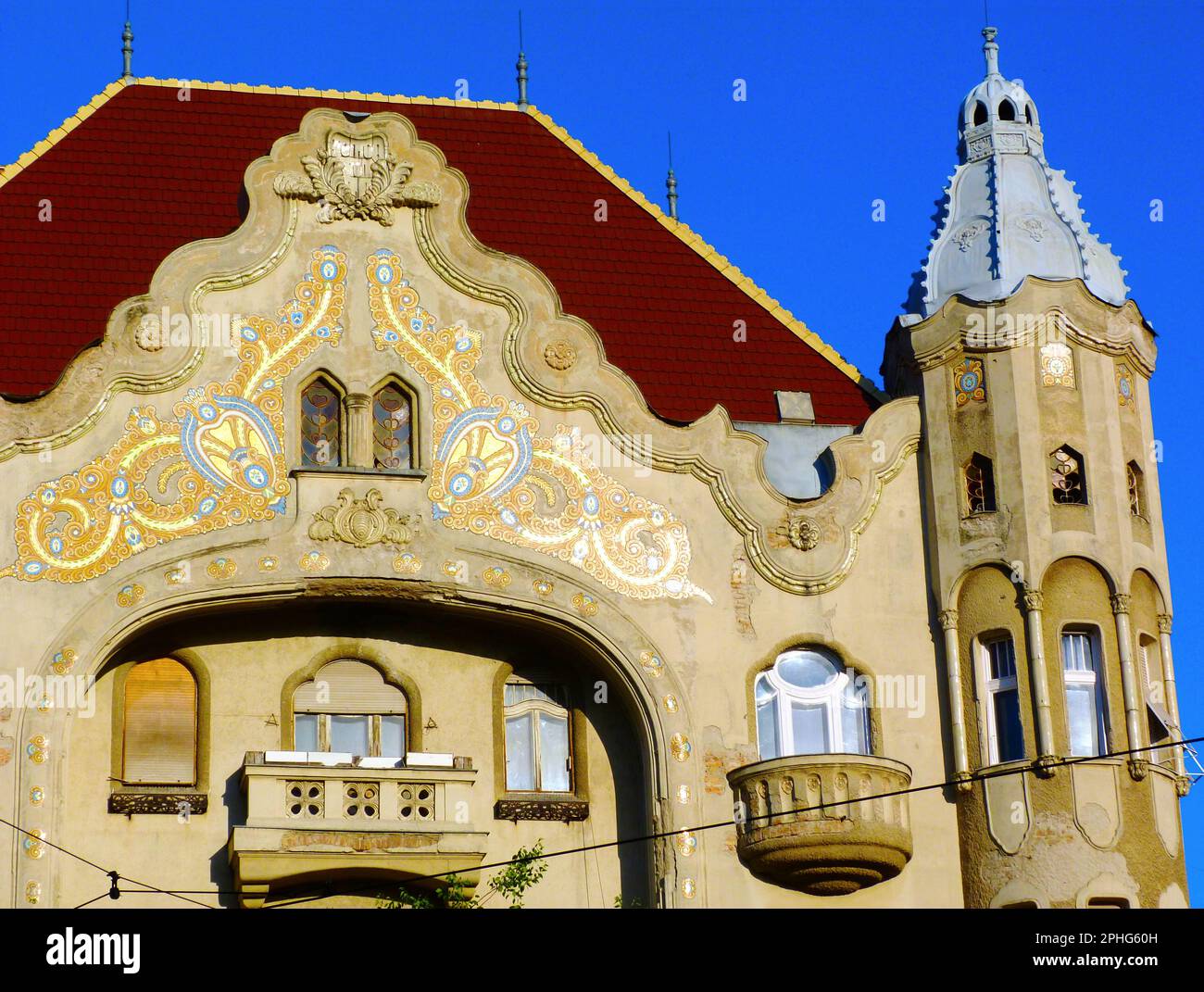 Segedin Grad Secessionist or art nouveau style facade in Szeged, Hungary. wood ...