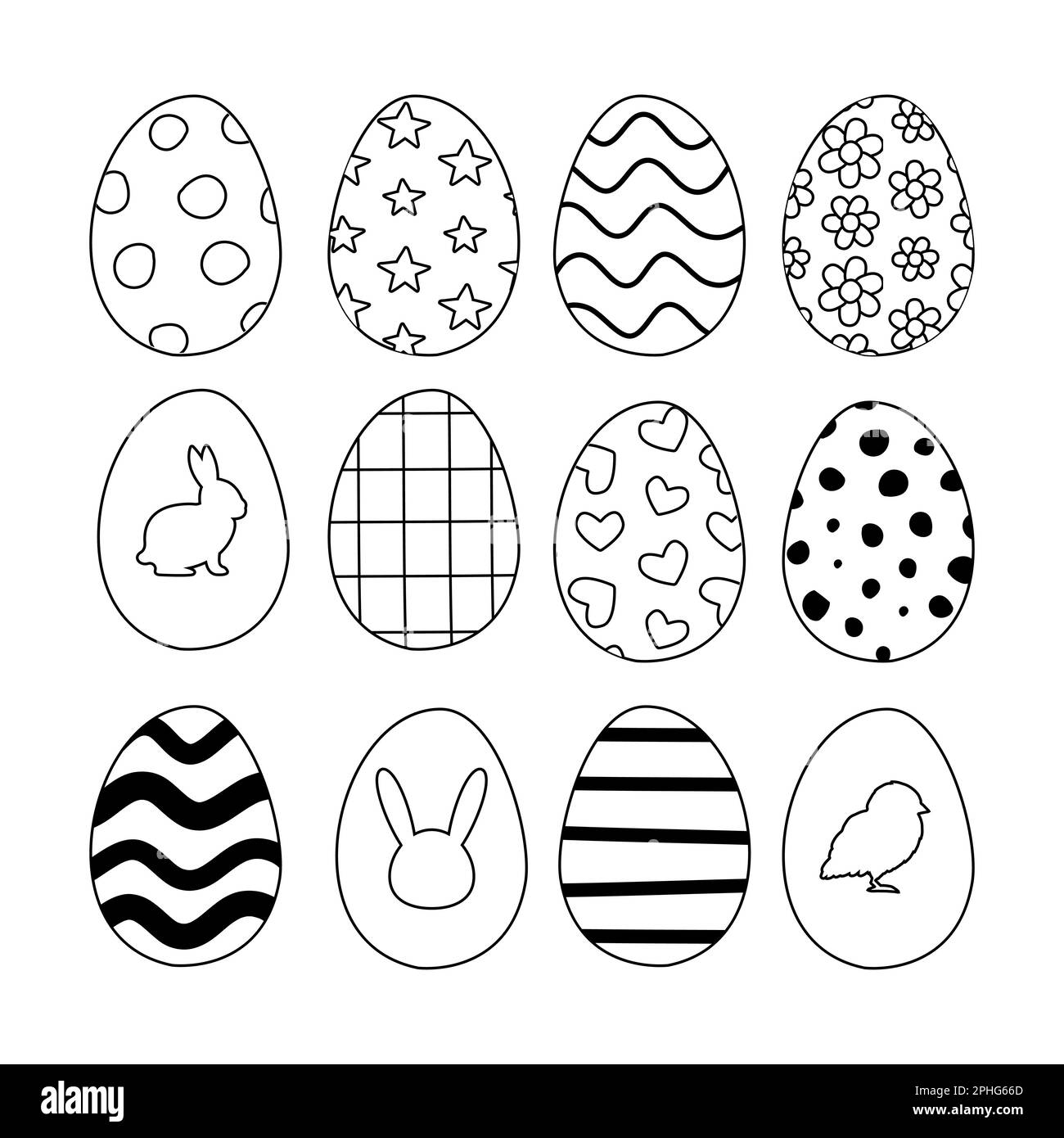 Vector set of hand drawn flat outline Easter egg isolated on white background Stock Vector