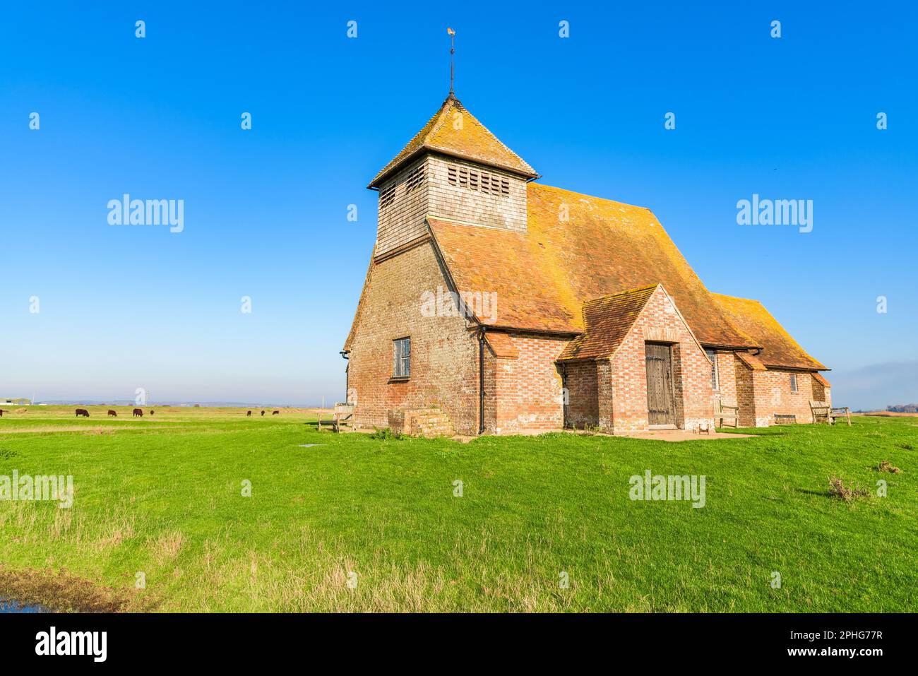 St Thomas à Becket Church in Fairfield, Kent, on a sunny day. Stock Photo