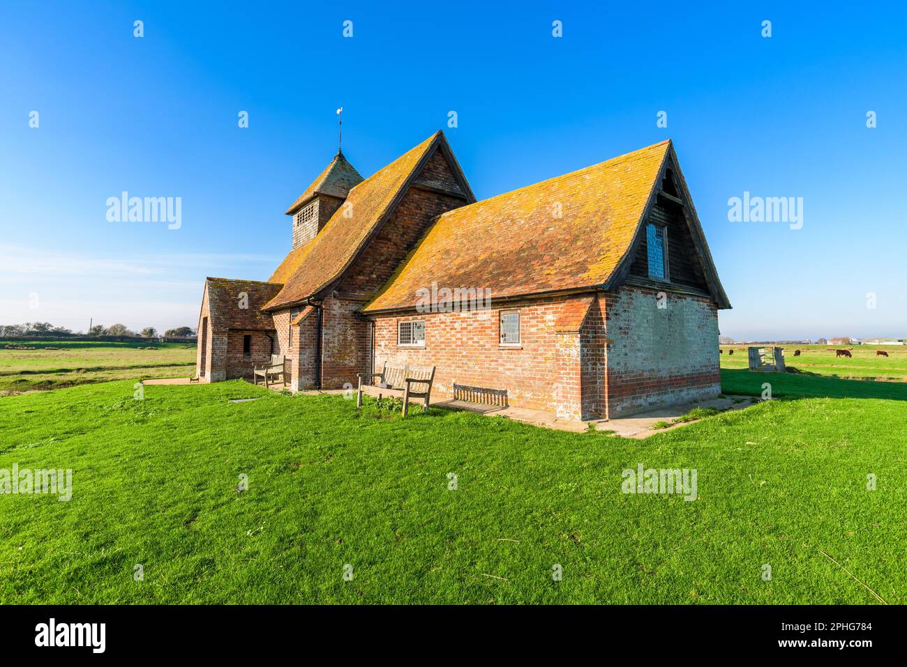 St Thomas à Becket Church in Fairfield, Kent, on a sunny day. Stock Photo