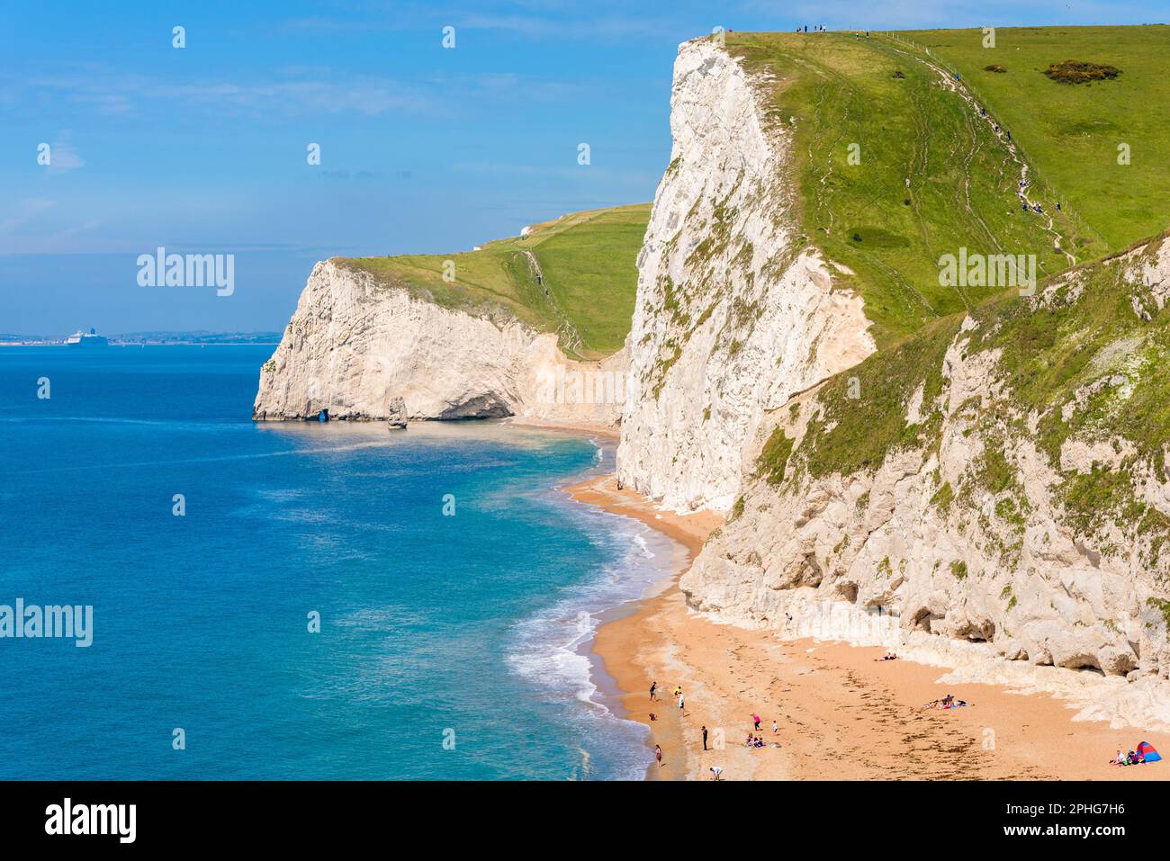 White chalk cliffs of Bat's Head and White Nothe seen from the beach ...
