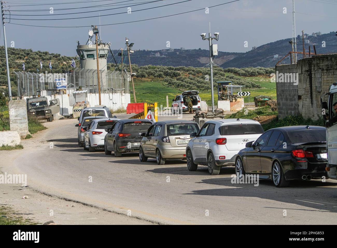 Northern West Bank, Palestine. 27th Mar, 2023. Heavy traffic congestion at an Israeli military