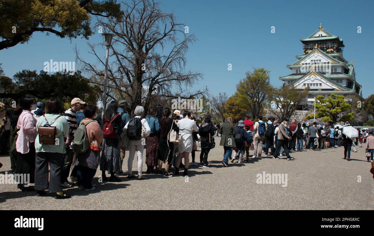 Osaka, Japan. 28th Mar, 2023. Peoples line up to go up to the top floor of castle tower at Osaka Castle in Osaka, Japan on Tuesday, March 28, 2023. Photo by Keizo Mori/UPI Credit: UPI/Alamy Live News Stock Photo