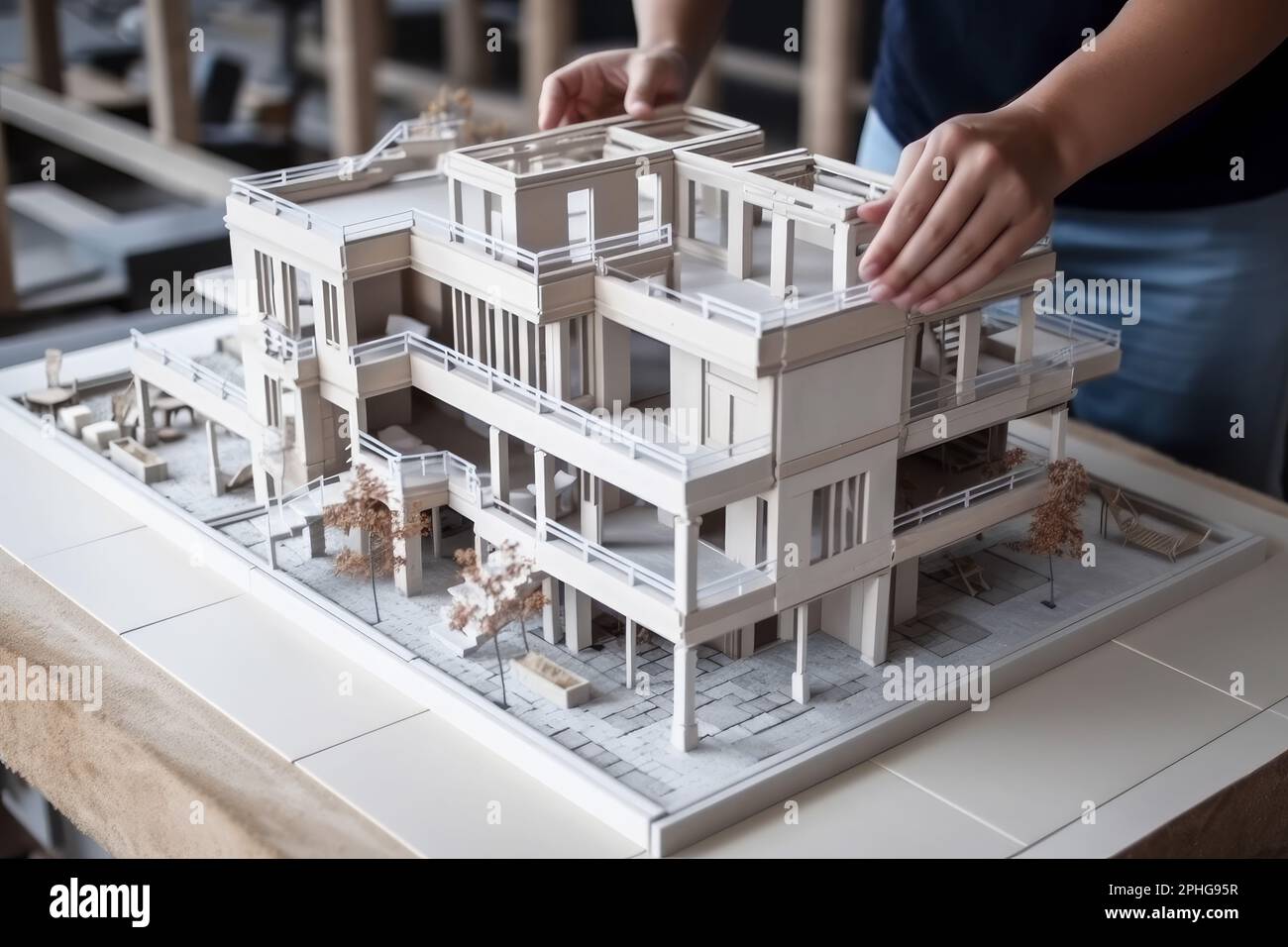 Close up of an architect or engineer making a model house. Generative ai Stock Photo