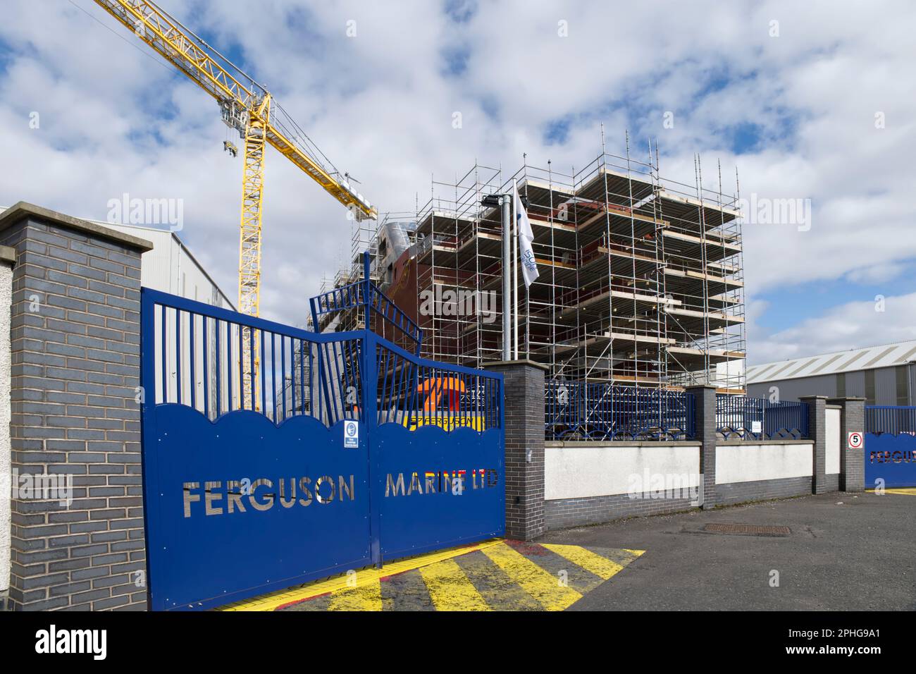 scaffolding covers Hull no 802, under construction for Calmac ferries at Ferguson Marine Ltd
