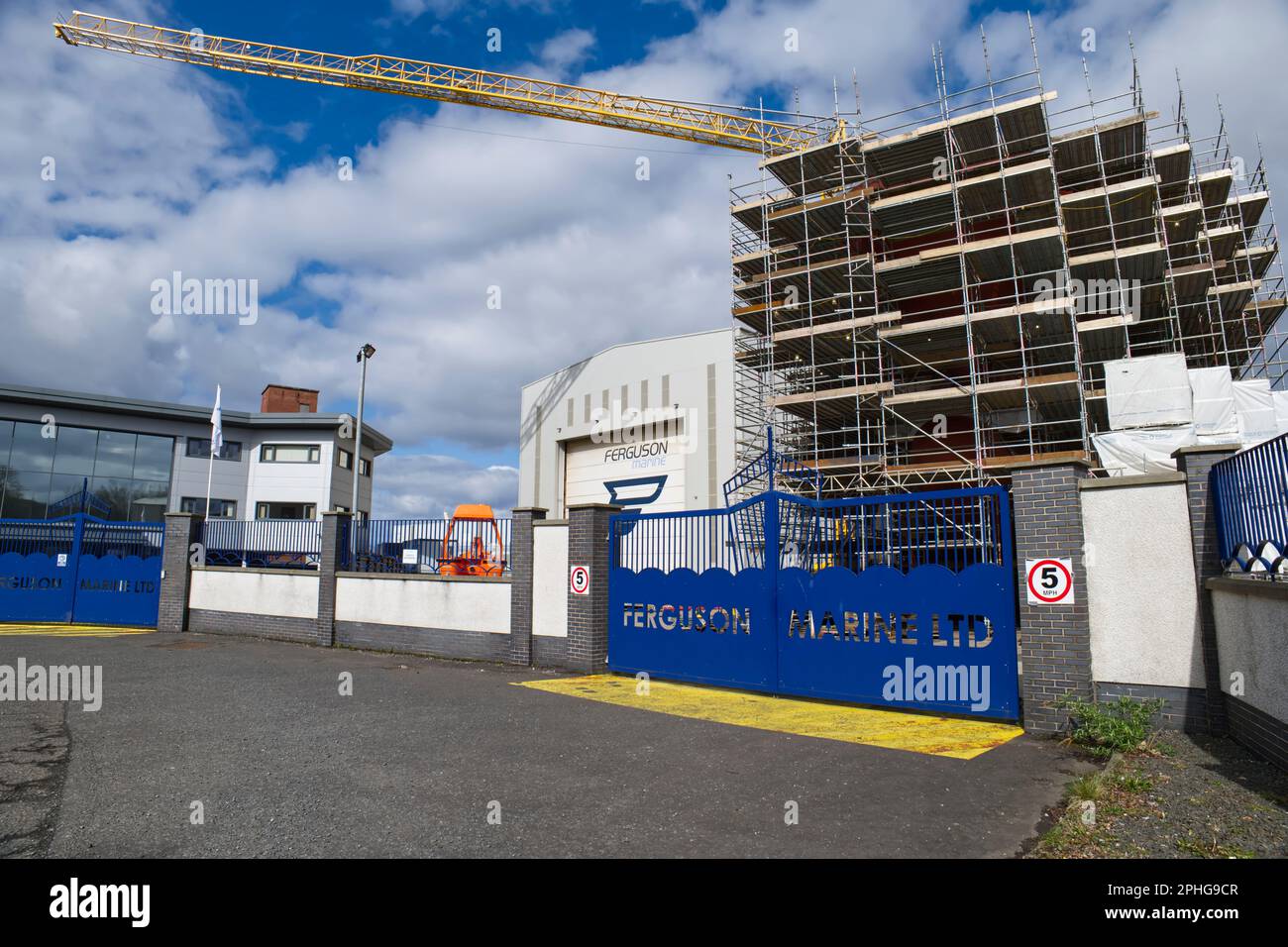 scaffolding covers Hull no 802, under construction for Calmac ferries at Ferguson Marine Ltd