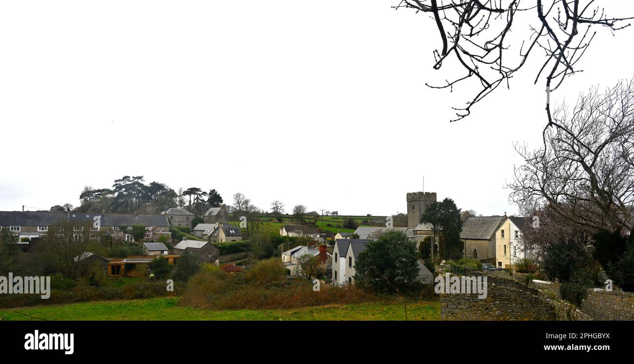 Town of Llantwit Major, Wales, landscape with church and houses Stock