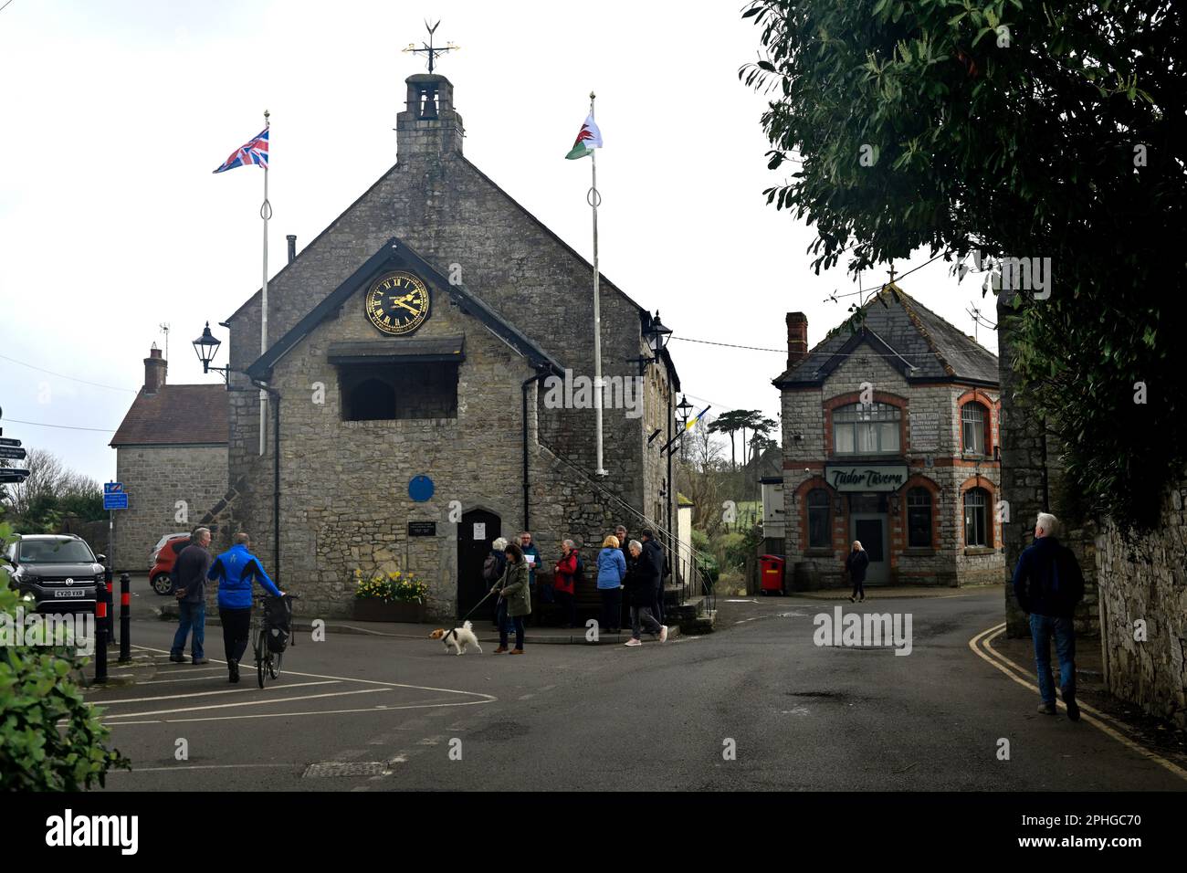 Intersection of streets village centre with Town Hall and Tudor