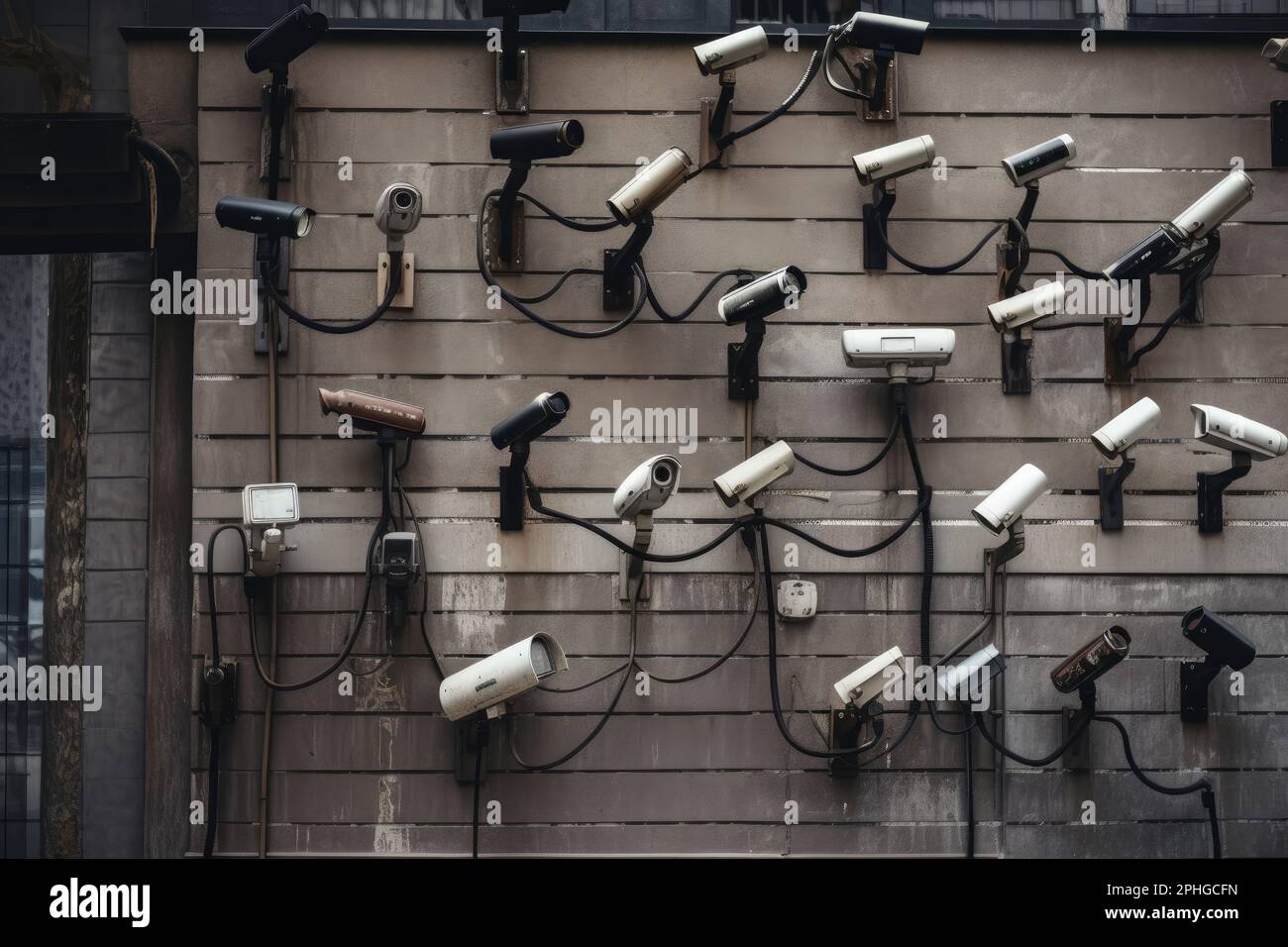 Lots of cctv security cameras monitoring a city. Generative ai Stock Photo