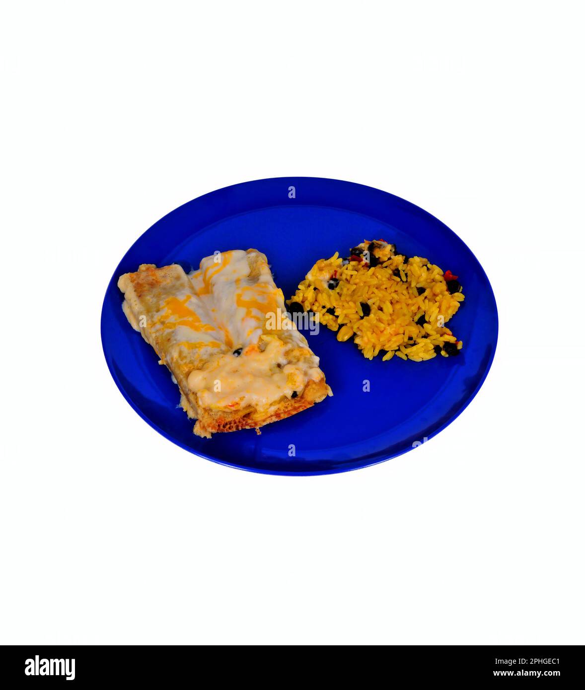 Chicken enchiladas and Mexican Rice, Black Beans isolated over white