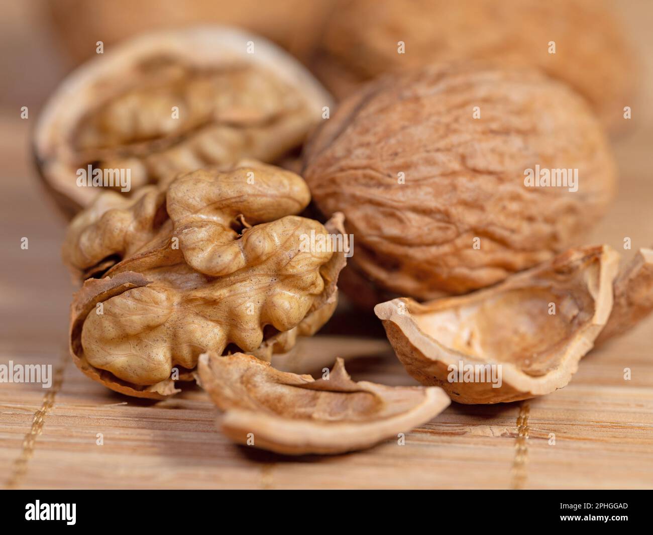 Walnut and nutshells in a close up Stock Photo