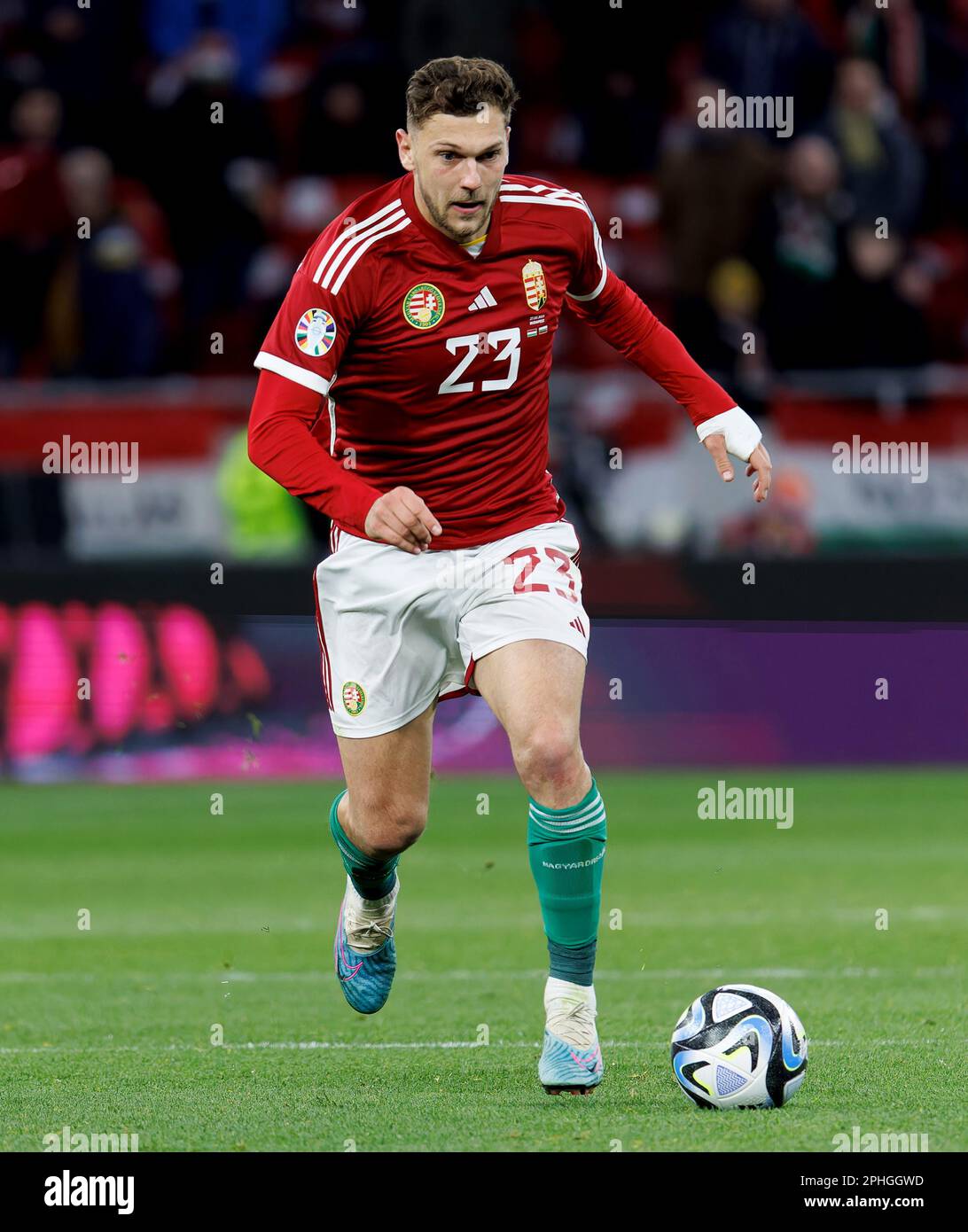 BUDAPEST, HUNGARY - MARCH 27: -h2- runs with the ball during the UEFA EURO 2024 qualifying round group B match between Hungary and Bulgaria at Puskas Arena on March 27, 2023 in Budapest, Hungary. Stock Photo