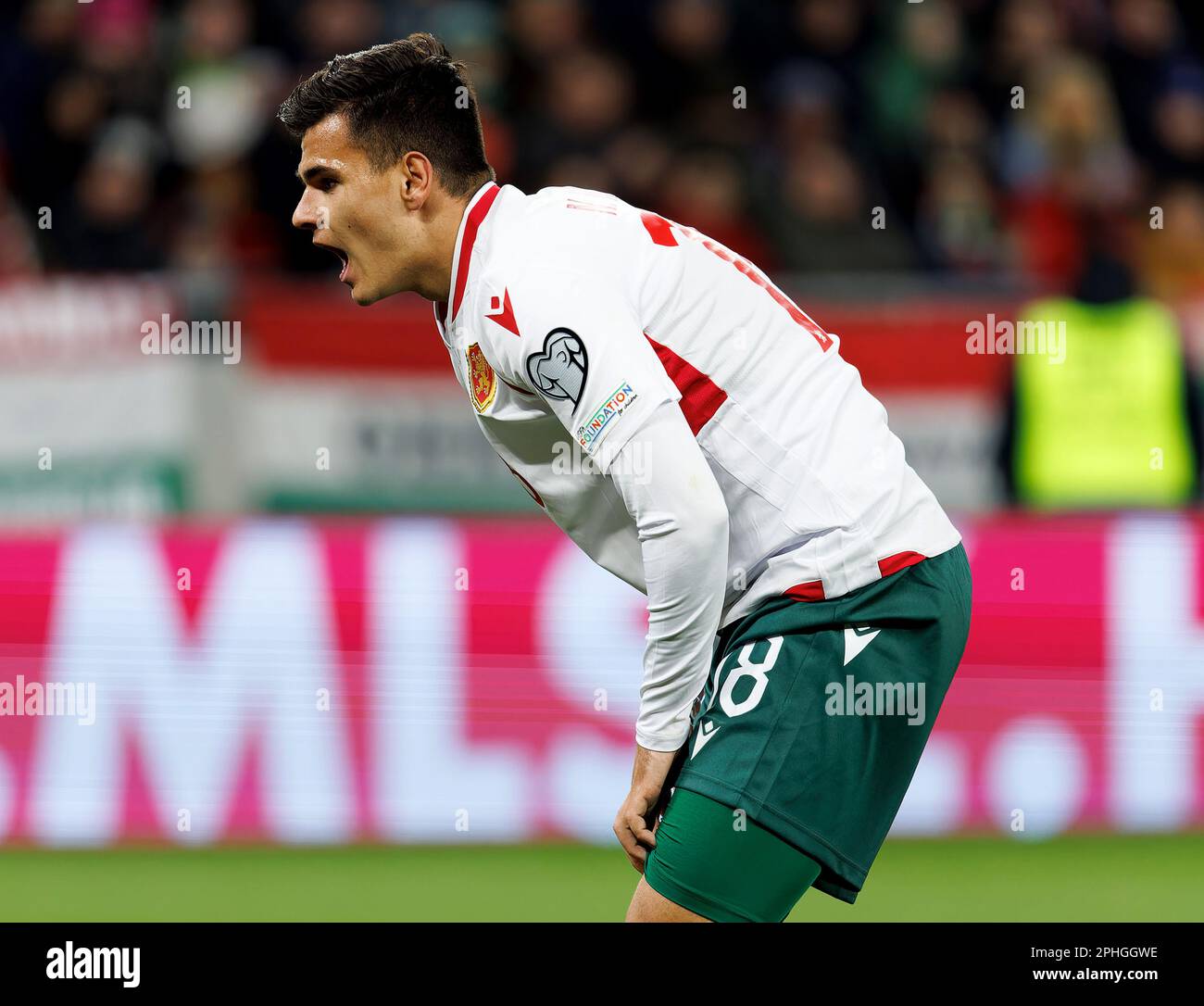BUDAPEST, HUNGARY - MARCH 27: Nikola Iliev of Bulgaria reacts during the UEFA EURO 2024 qualifying round group B match between Hungary and Bulgaria at Puskas Arena on March 27, 2023 in Budapest, Hungary. Stock Photo