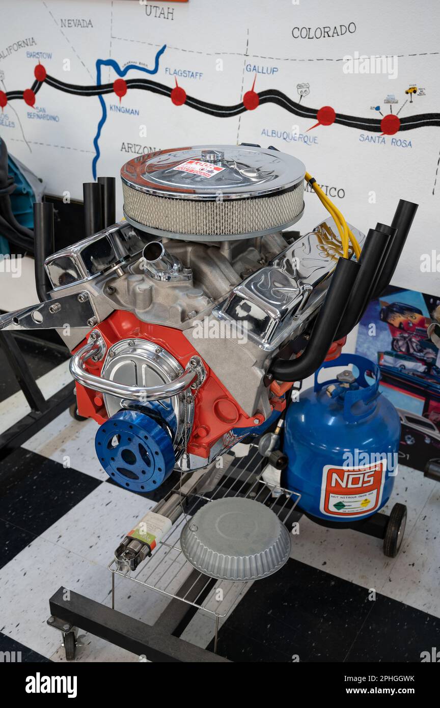 Detail of an American big block V8 engine powered with nitrous oxide Stock Photo