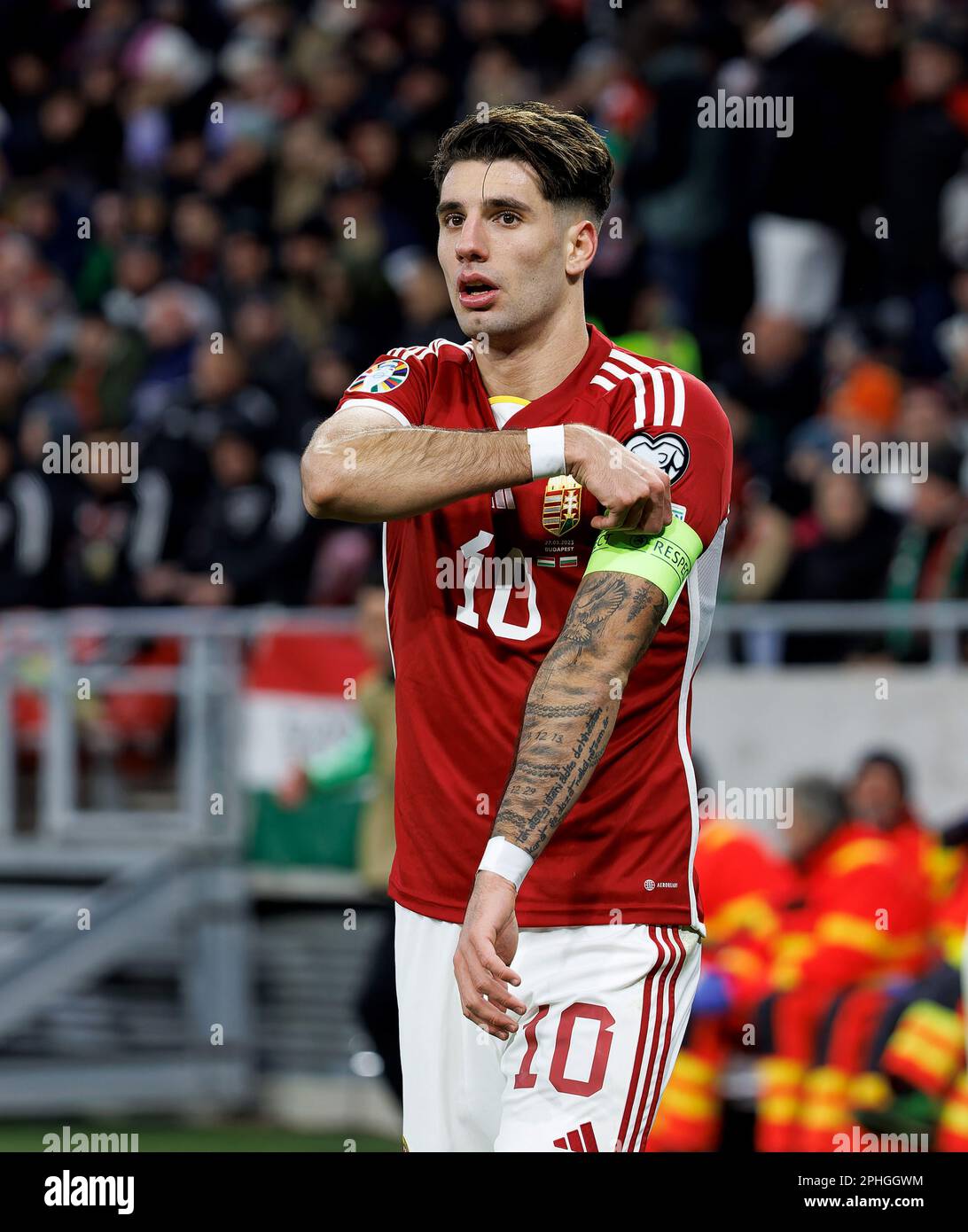 BUDAPEST, HUNGARY - MARCH 27: Dominik Szoboszlai of Hungary reacts during the UEFA EURO 2024 qualifying round group B match between Hungary and Bulgaria at Puskas Arena on March 27, 2023 in Budapest, Hungary. Stock Photo