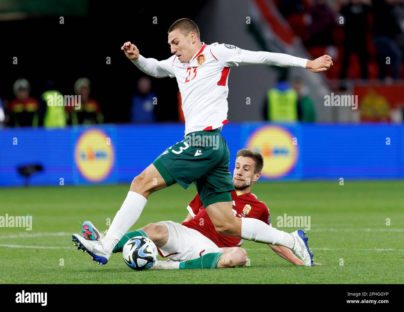 Barnabas Varga of Ferencvarosi TC shoots on goal beside Marcelina News  Photo - Getty Images