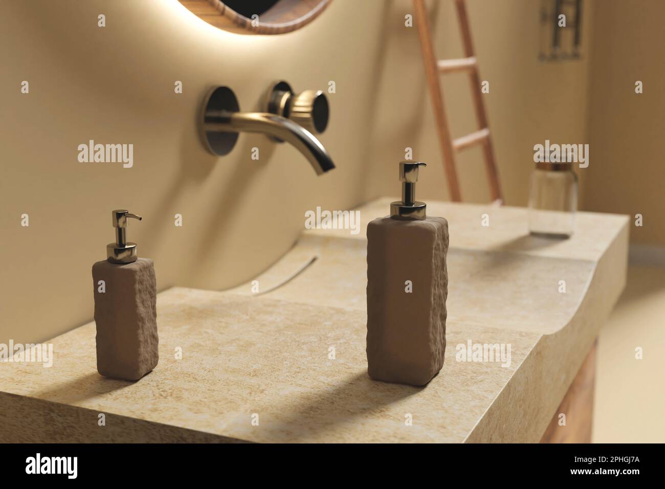 White ceramic soap dispensers on stone sink. Wall mounted faucet. Beige