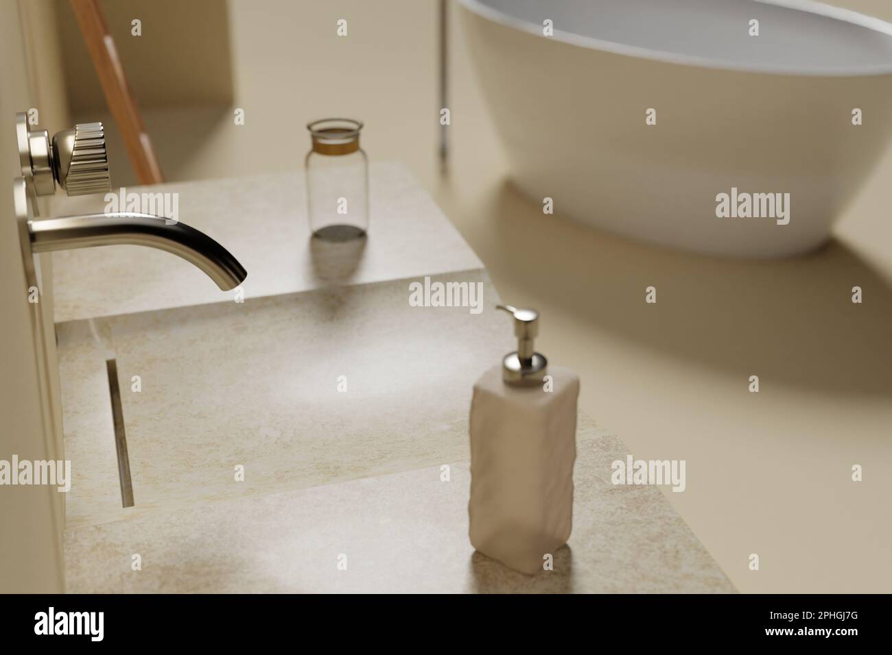 White ceramic soap dispensers on stone sink. Wall mounted faucet. Beige