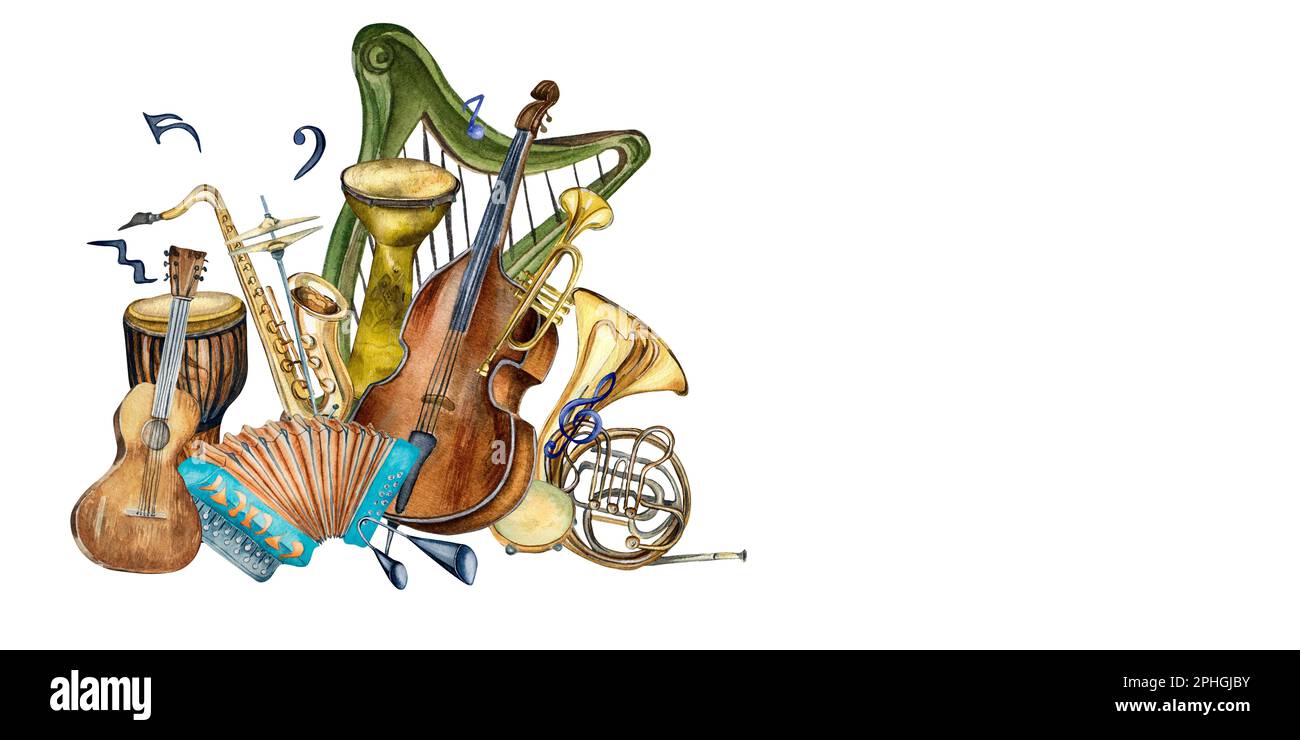 Composition of jazz musical instruments and signs watercolor