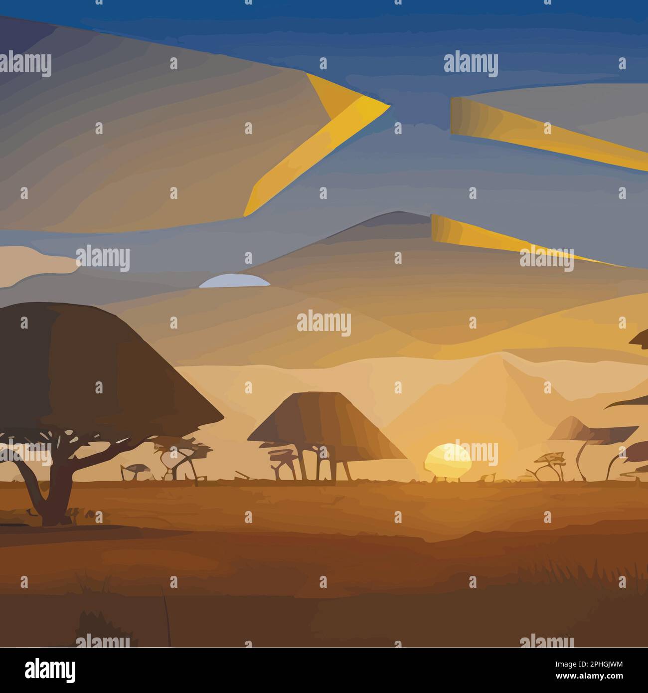 African savanna landscape, African wildlife cartoon with green trees