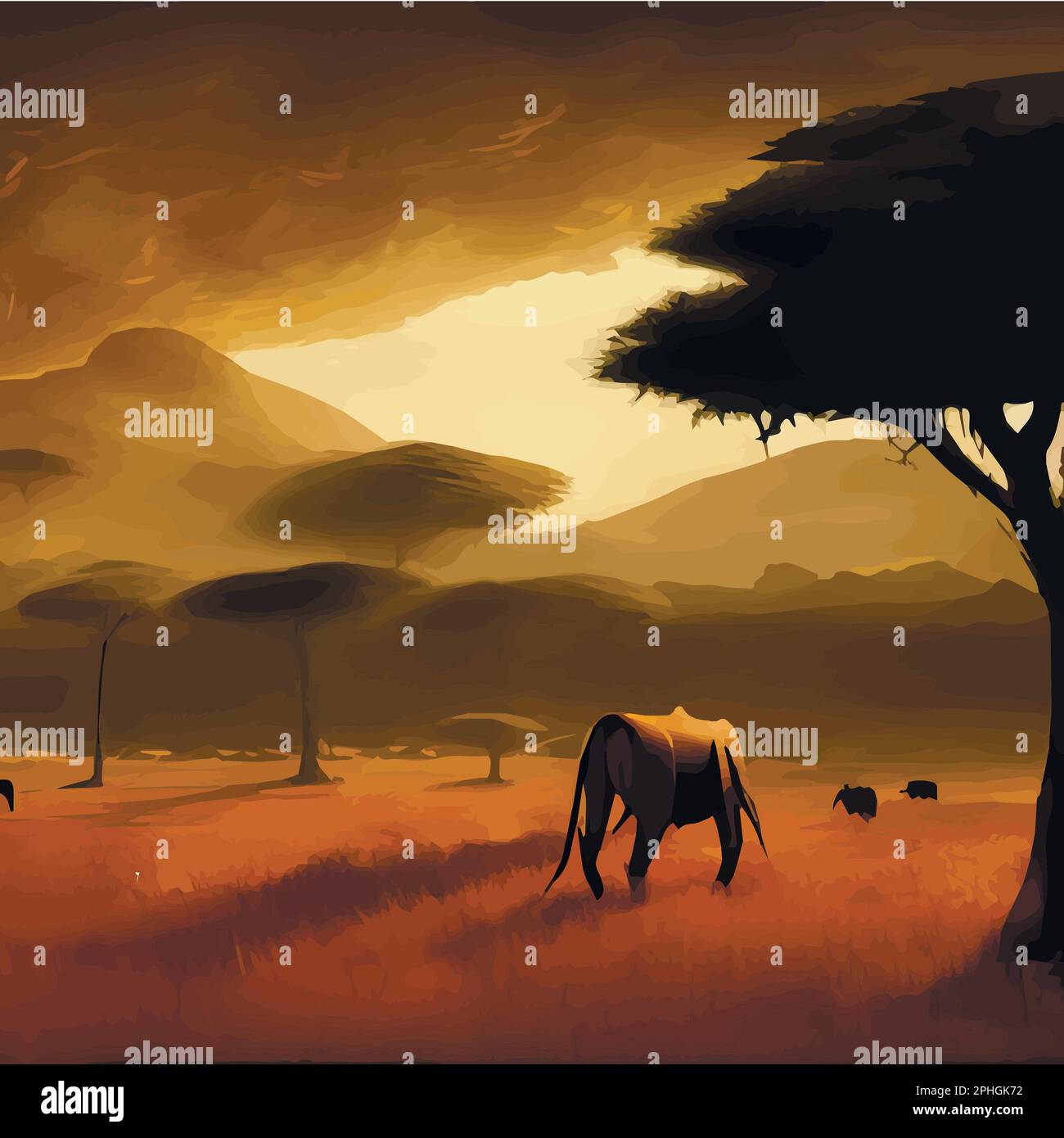 African savanna landscape, African wildlife cartoon with green trees