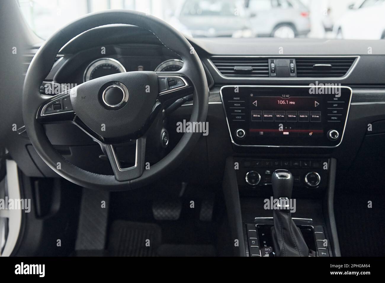 Front panel of brand new modern vehicle with digital tablet and control