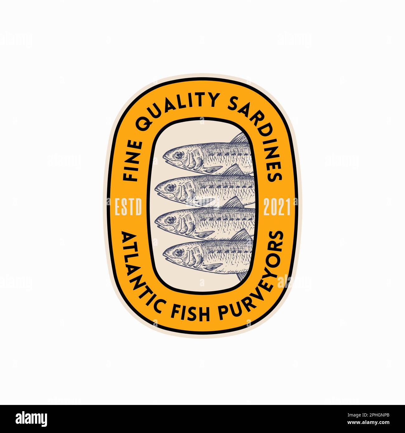 Fine Quality Atlantic Sardine Purveyors. Abstract Vector Sign, Symbol, Logo Template. Hand Drawn