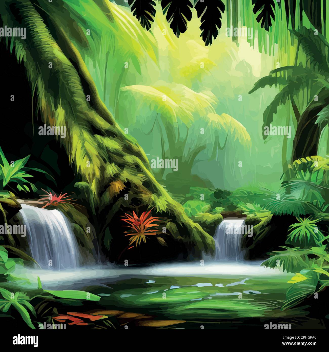 Beautiful cartoon forest tropical jungle with wildlife waterfall ...
