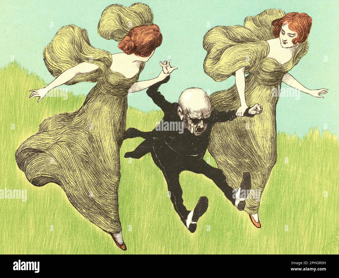 Ludwig von Zumbusch -Artwork (cropped) for the Jugend magazine - 1896 - Two redheads running down a hill with a little man between them. Stock Photo