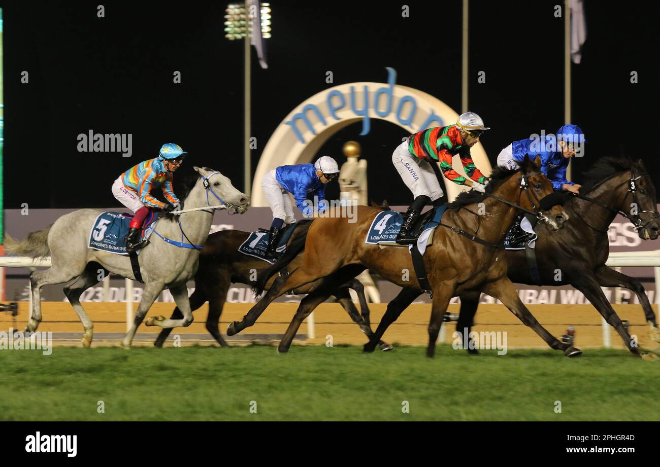 Race 8, Russian Emperor(4) ridden by Alberto Sanna and Senor Toba(5) ridden by Frankie Dettori race the LONGINES DUBAI SHEEMA CLASSIC (2410M, TURF) at Meydan Racecourse, Dubai. 25MAR23 SCMP / Kenneth Chan. Stock Photo